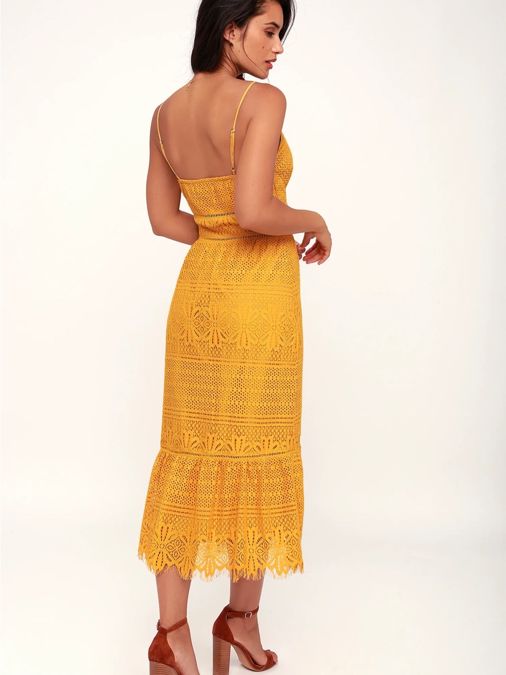 Lulus Robyn Mustard Yellow Spaghetti Strap Lace Button-Up Midi Dress - Picture 2 of 9